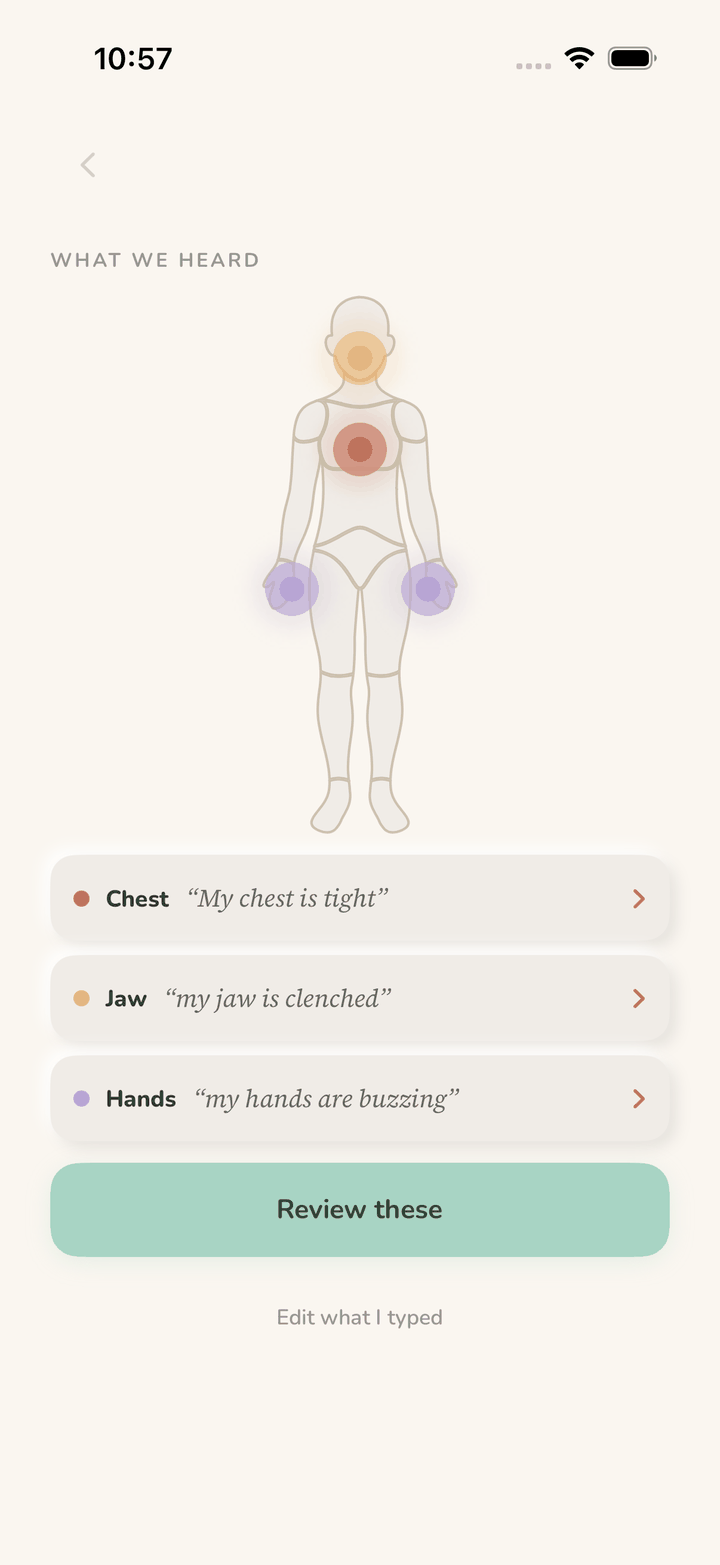 mirrah reading back what the body is holding — chest tight, jaw clenched, hands buzzing — marked on a body map