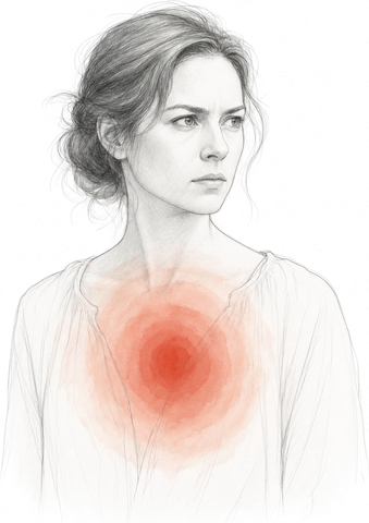 illustration of a woman with heat gathered in her chest — the fight or flight state