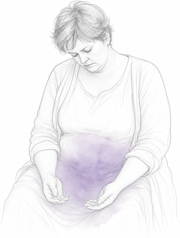 illustration of a woman sitting still with heaviness in her belly — the shutdown state
